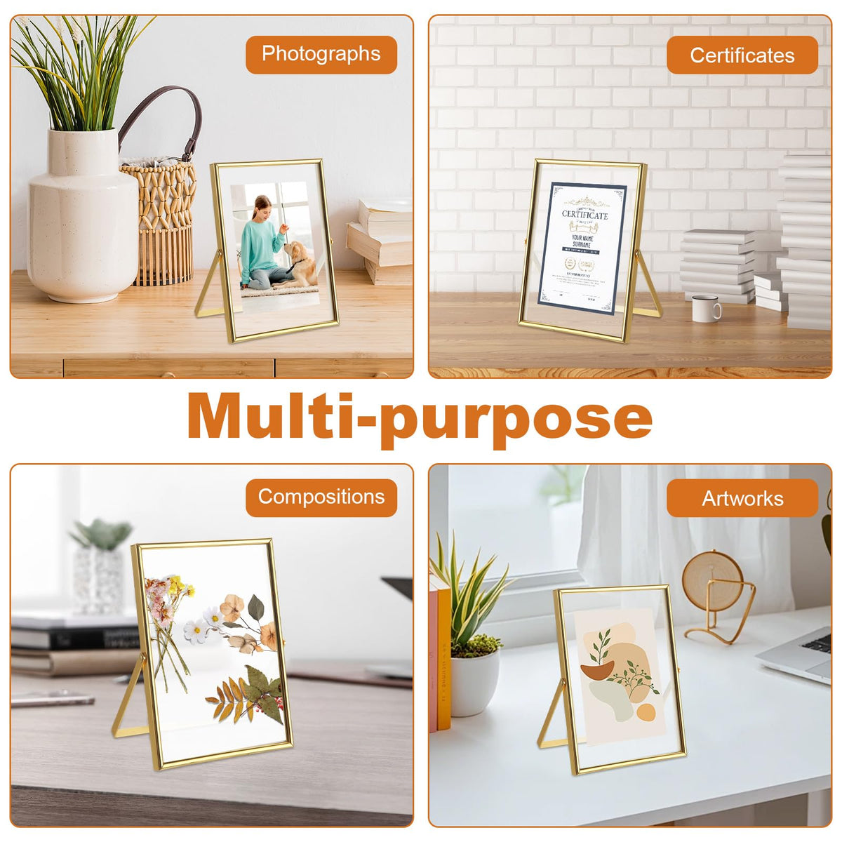 WOPPLXY 5 "x 7" Gold Floating Frames Set of 3, Pressed Glass Floating Frames, Vertical Adjustable Tabletop/Shelf Photo Frame, Gold Floating Picture Frame for 4 x 6,3 x 5 Photo Tabletop Display
