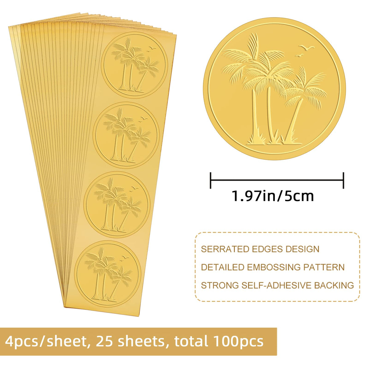 CRASPIRE Palm Coconut Tree Stickers 2" Gold Envelope Seals 100pcs Summer Sea Seagull Beach Embossed Foil Seals Adhesive Seal Stickers Label for Wedding Invitations Card Making Gift Packaging