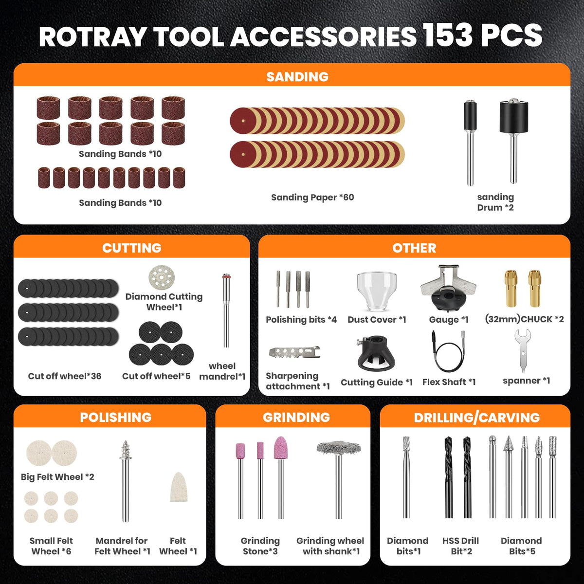 HARDELL 180W Corded Rotary Tool Kit 6 Variable Speeds with Flex Shaft, Chainsaw Sharpener, 8000-35000RPM 153pcs Accessories Kit for Sanding, Polishing, Cutting, Engraving,Carving, DIY Crafts