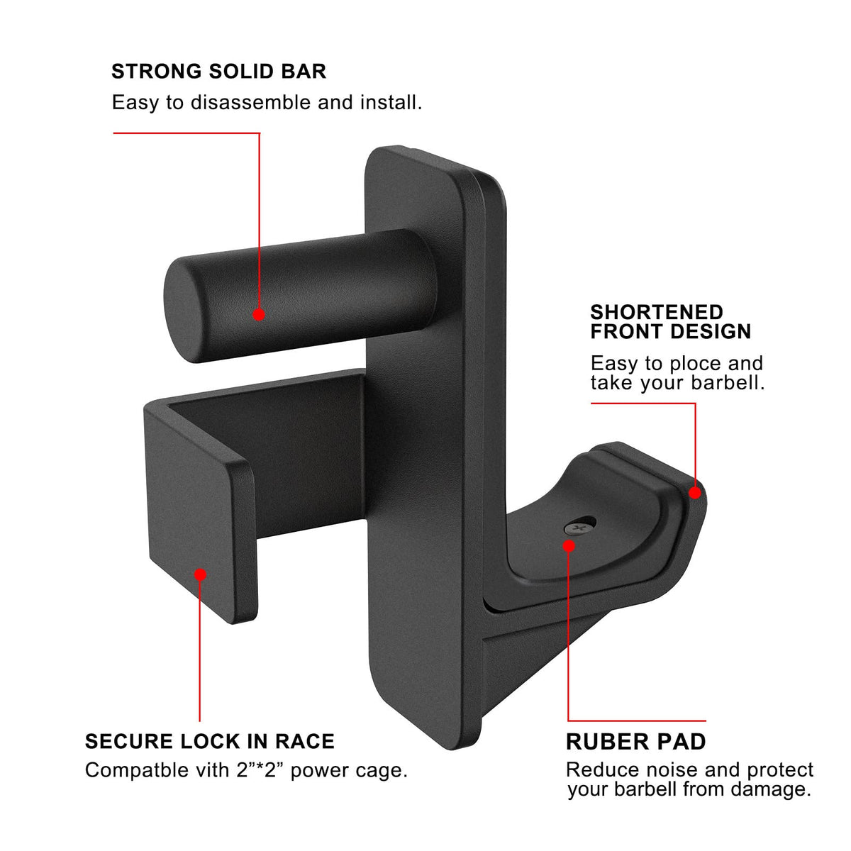 Kipika J-Hooks for 2" x 2" Power Rack with 1" Hole - Bottom Reinforced Steel Hooks with Rubber Pads - Heavy Duty Power Rack Attachments - Squat Rack Accessories for Strength Training - Set of 2