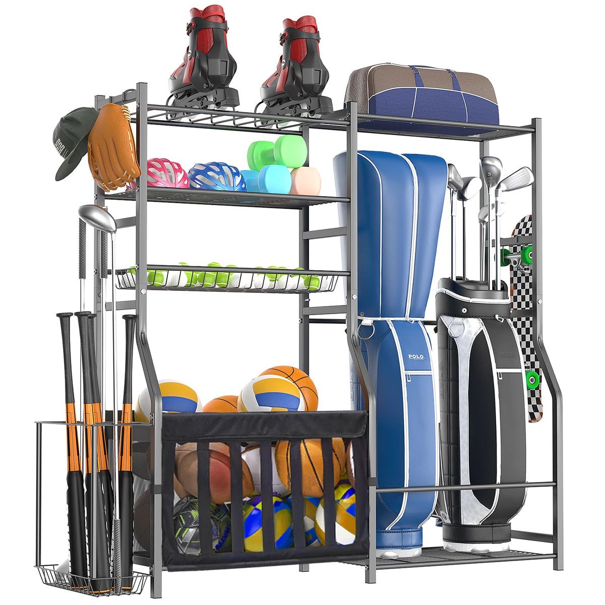 organizelink Heavy Duty Garage Sports Equipment Organizer, All-in-One Golf Bag Storage Rack & Multi-Sport Ball Holder for Basketballs, Bats & Kids Toys, Indoor/Outdoor Free Standing Gear Bin