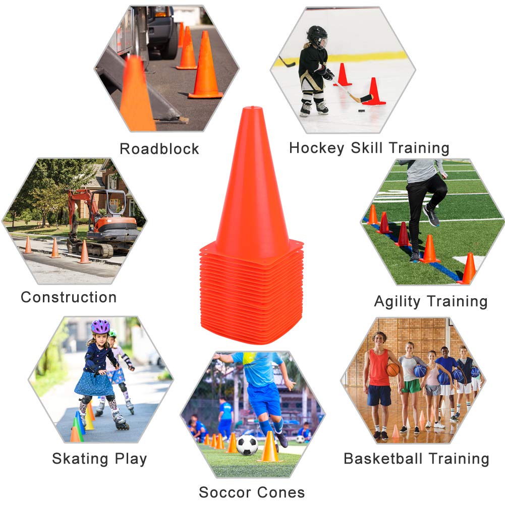 Fragraim 9 Inch Plastic Training Traffic Cones, Sport Cones, Agility Field Marker Cones for Soccer Basketball Football Drills Training, Outdoor Activity or Events - Set of 24, Orange