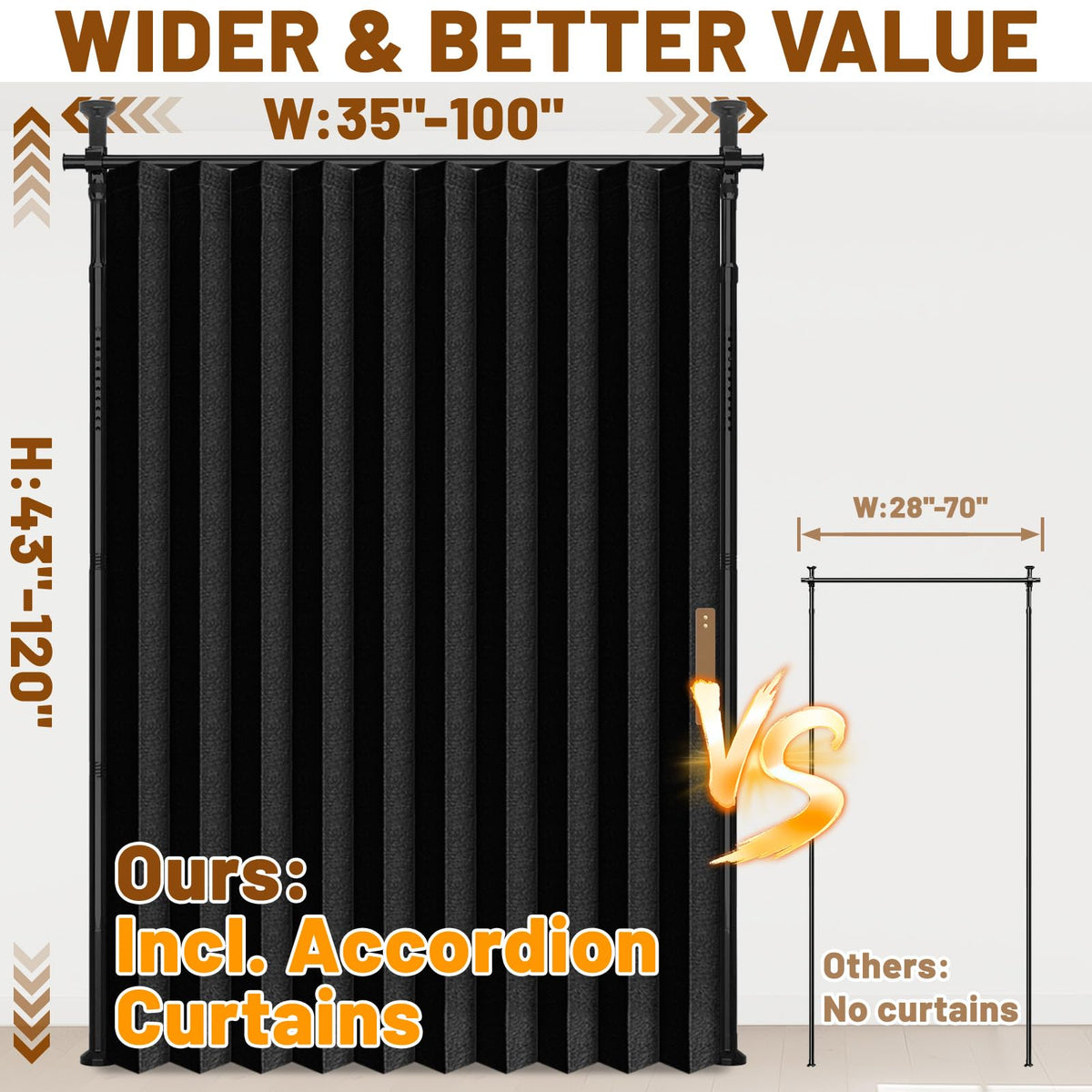 AJAZZ Room Divider Curtain (Black, W100 x L84 in, 1 Panel)+ Tension Curtain Rod No Drilling (H) 43-120×(W) 35-100 in, for Privacy/Soundproof Curtains, Heavy Duty Wall Separator