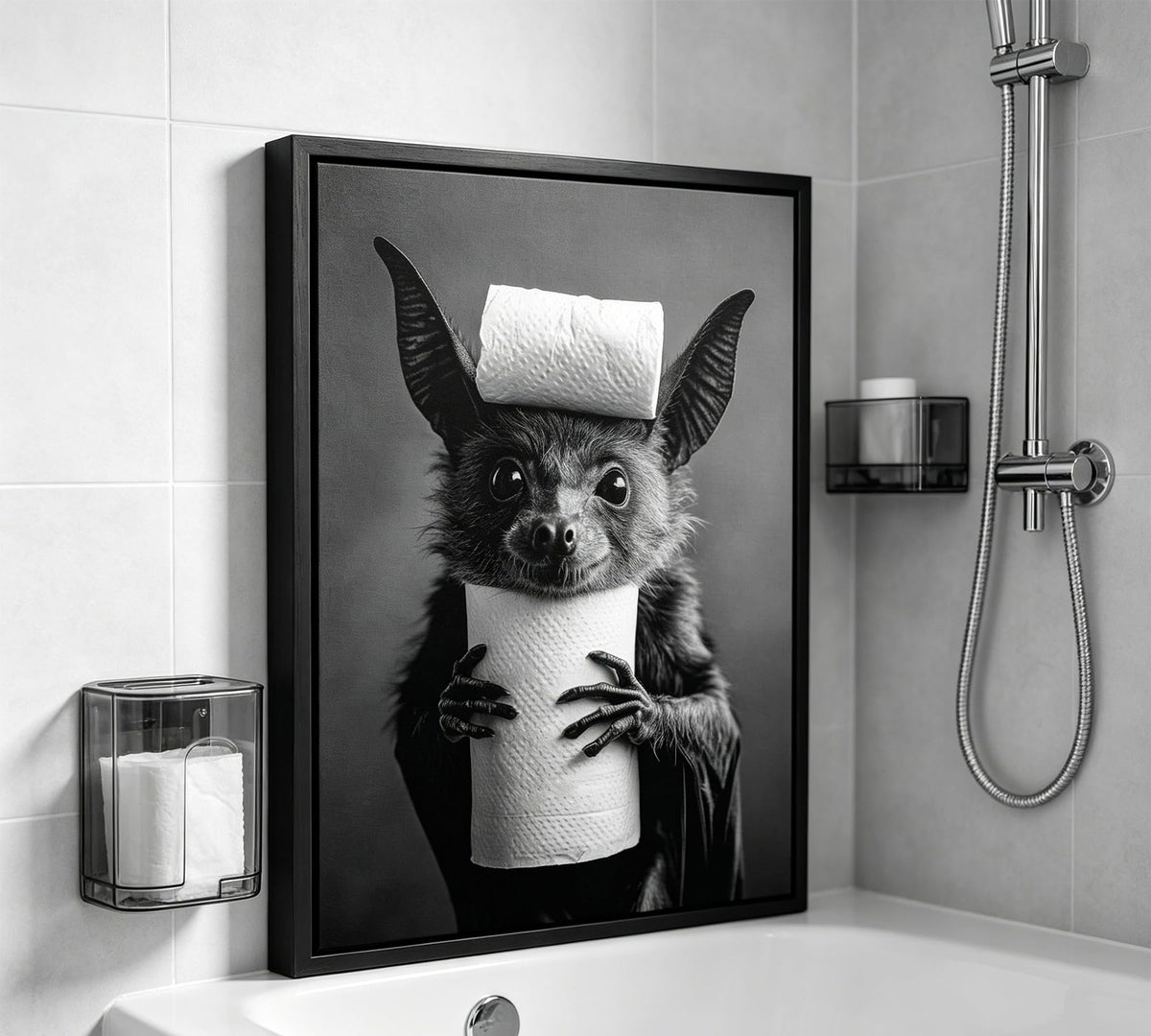 Funny Bat Bathroom Framed Wall Art, Black and White Cute Bat with Toilet Paper Wall Decor, Humorous Animal Bathroom Canvas Print for Restroom, Powder Room, Toilet, Home Decoration 8x10 Inch