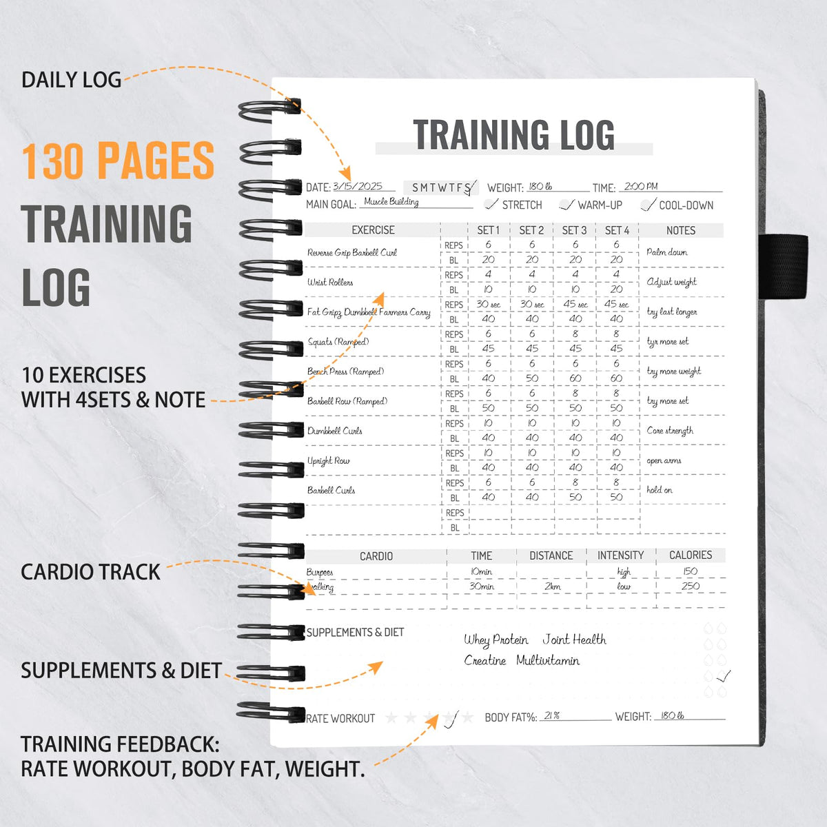Workout Journal for Men & Women, Workout Planner with Monthly Calendar, ( 8.3" x 6") Grayish-black Texture Hardcover Workout Log Book Track Training, Diet, Progress, Achieve Wellness Goals, Perfect for Fitness Enthusiast