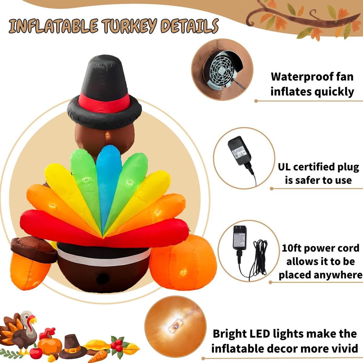 Wabolay Inflatable Turkey Lawn Decoration Thanksgiving Inflatables Outdoor Yard Decorations 6ft Giant Blow Up Turkey with Pilgrim Hat Led Light for Happy Fall Holiday Indoor Outside Autumn Décor