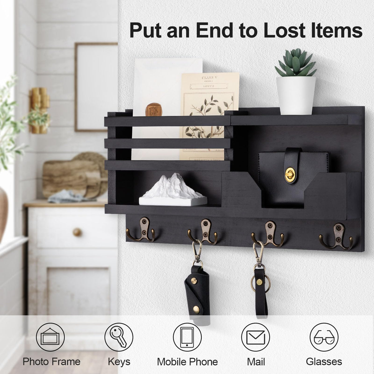 Lwenki Mail and Key Holder for Wall – Decorative 15.9” x 8.7” x 3.2” Entryway Organizer with Shelf – Paulownia Wood with 4 Dual Hooks Includes Mounting Hardware and Installation Guide