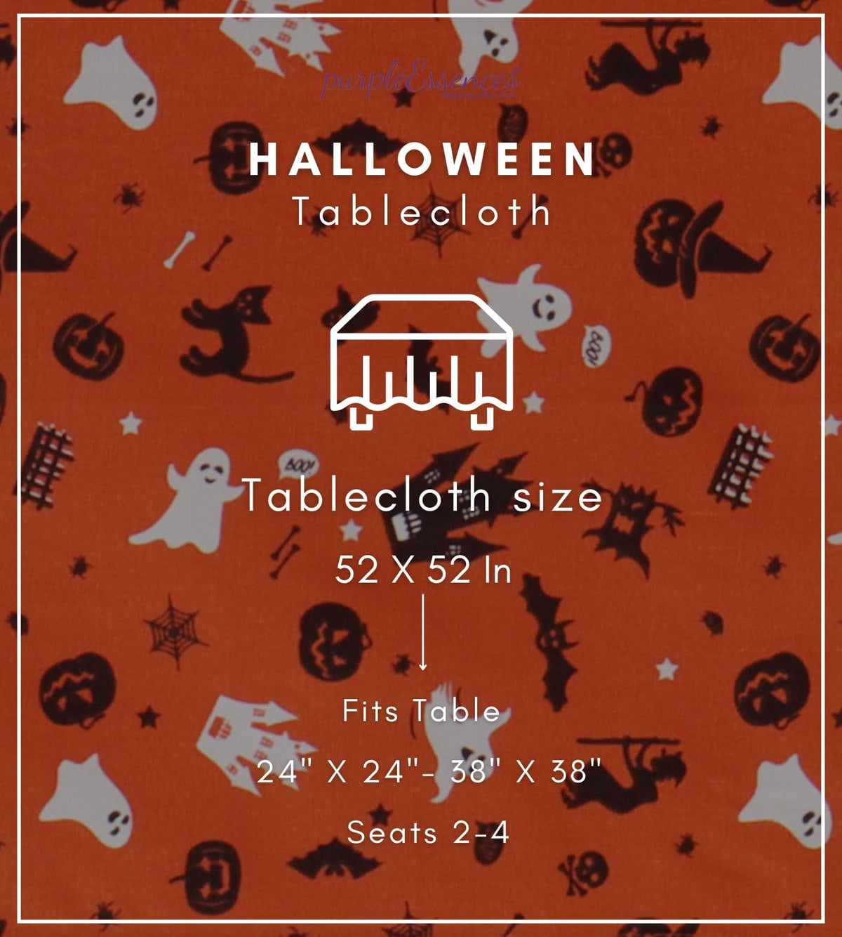 PurpleEssences Orange Black Halloween Tablecloth, Square Halloween Party Tablecloth Decoration, 52x52 Inch Machine Washable Cotton Table Cover, Haunted House