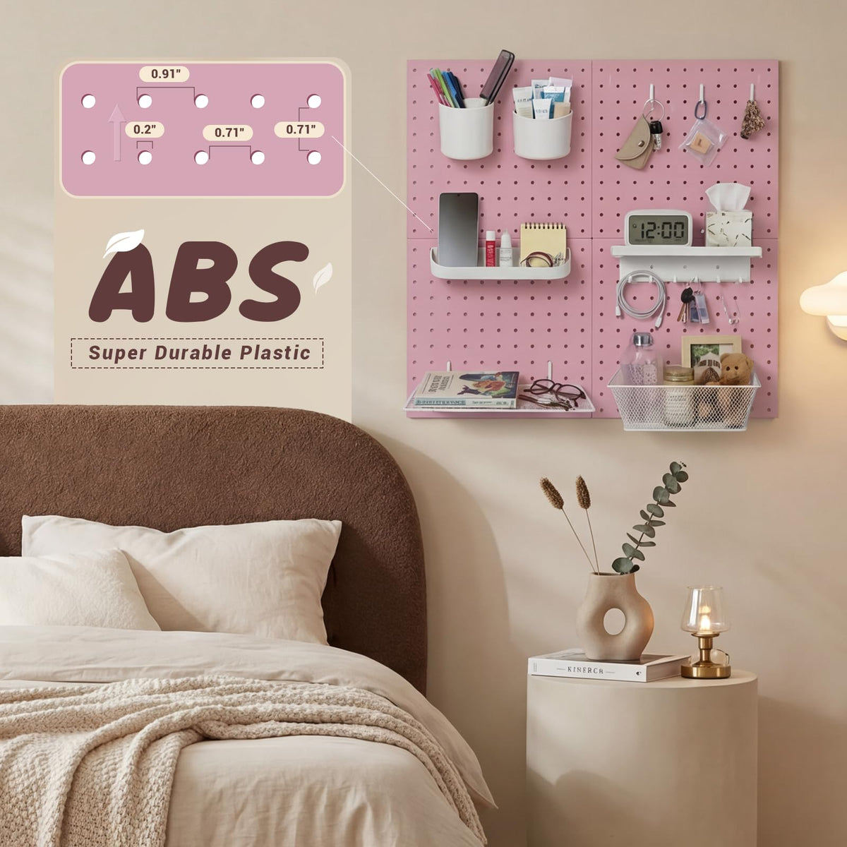 Pegboard Wall Organizer, 4 x11” x 11” ABS Peg Board Wall Organizer with Hooks, Shelves & Baskets, Drill or Adhesive Mount, 110 lbs Heavy Duty Wall Storage for Kitchen, Garage, Bathroom, Office (Pink)