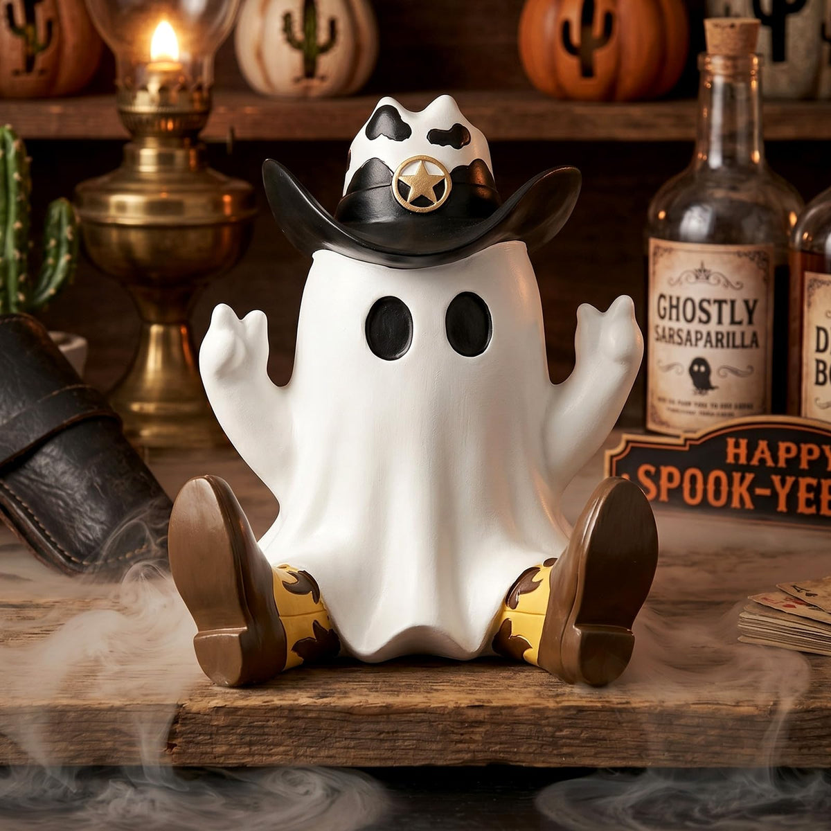 Threehoney Halloween Ghost Figurine Cowboy Spooky Resin Ghost Statue Decoration with Hat and Boots Cute Funny Western Cowboy Figurine for Table Shelf Indoor Decor(Sitting Posture)