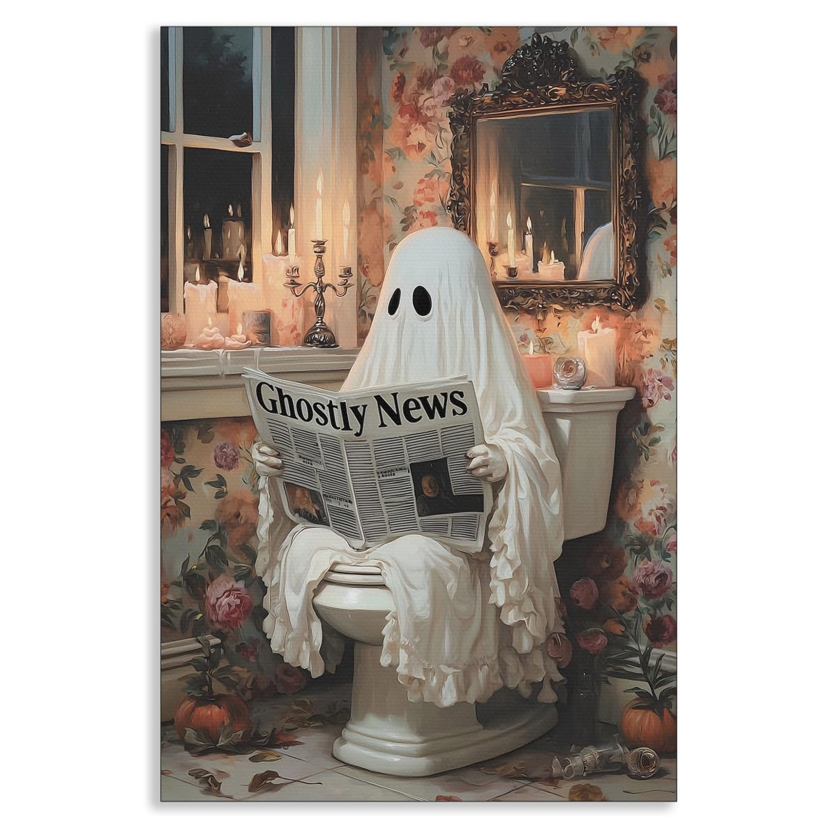 Venphude Ghost Bathroom Canvas Wall Art, Cute Ghost Reading Ghostly News on Toilet Poster, Pink Flowers Romantic Dark Academia Halloween Print, Gothic Spooky Wall Decor for Restroom 12x16in Unframed