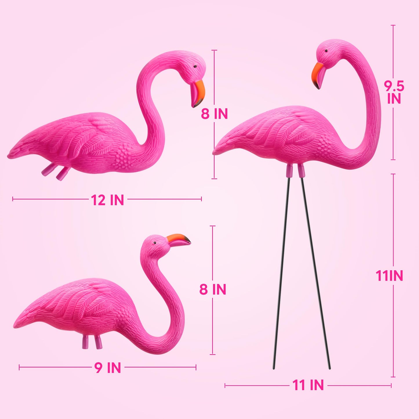 JOYIN 3 Pack Large Pink Flamingo Yard Decorations, Medium Plastic Lawn Flamingo Ornament Stakes with Rubber Coating Metal Legs for Yard, Garden, Luau Party Gift (11in x 20in)