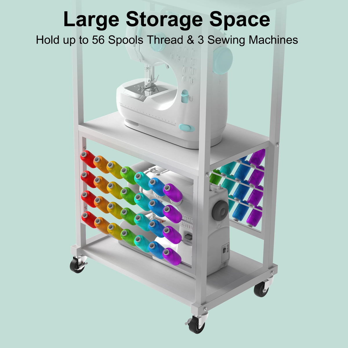 Rolling Craft Table with 56 Spools Thread Holder, 3 Storage Shelves, Portable Sewing Cabinet for Embroidery Machine, Craft Cart Organizer, White