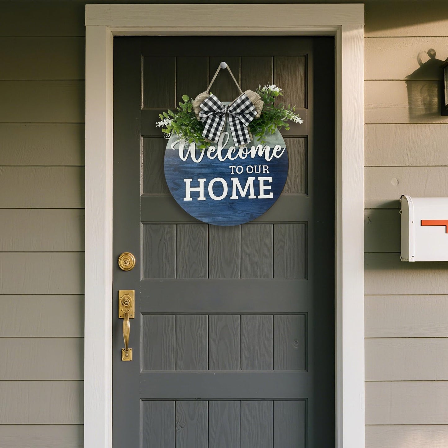VPDTVK Welcome Sign for Front Door, Rustic Welcome Door Sign Outdoor Wreaths Decor for Spring Summer Autumn and Winter All Seasons Holiday Halloween Christmas(Blue)