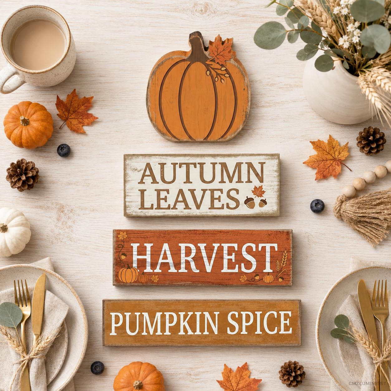 4 Pcs Fall Table Decor, Farmhouse Stacked Wooden Block Signs with Pumpkin Accents, Rustic Thanksgiving Tiered Tray Decorations, Autumn Harvest Tabletop Centerpiece for Home Kitchen Party