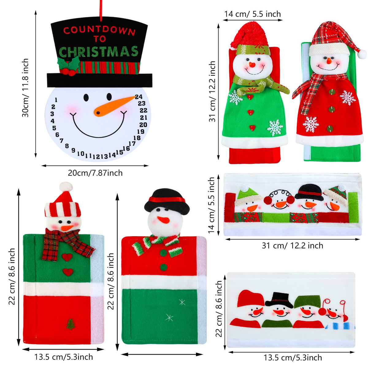 Gejoy 7 Pieces Christmas Refrigerator Handle Covers Set Snowman Refrigerator Door Handle Covers and Snowman Advent Clock Calendar for Christmas Kitchen Appliance Handle Decorations