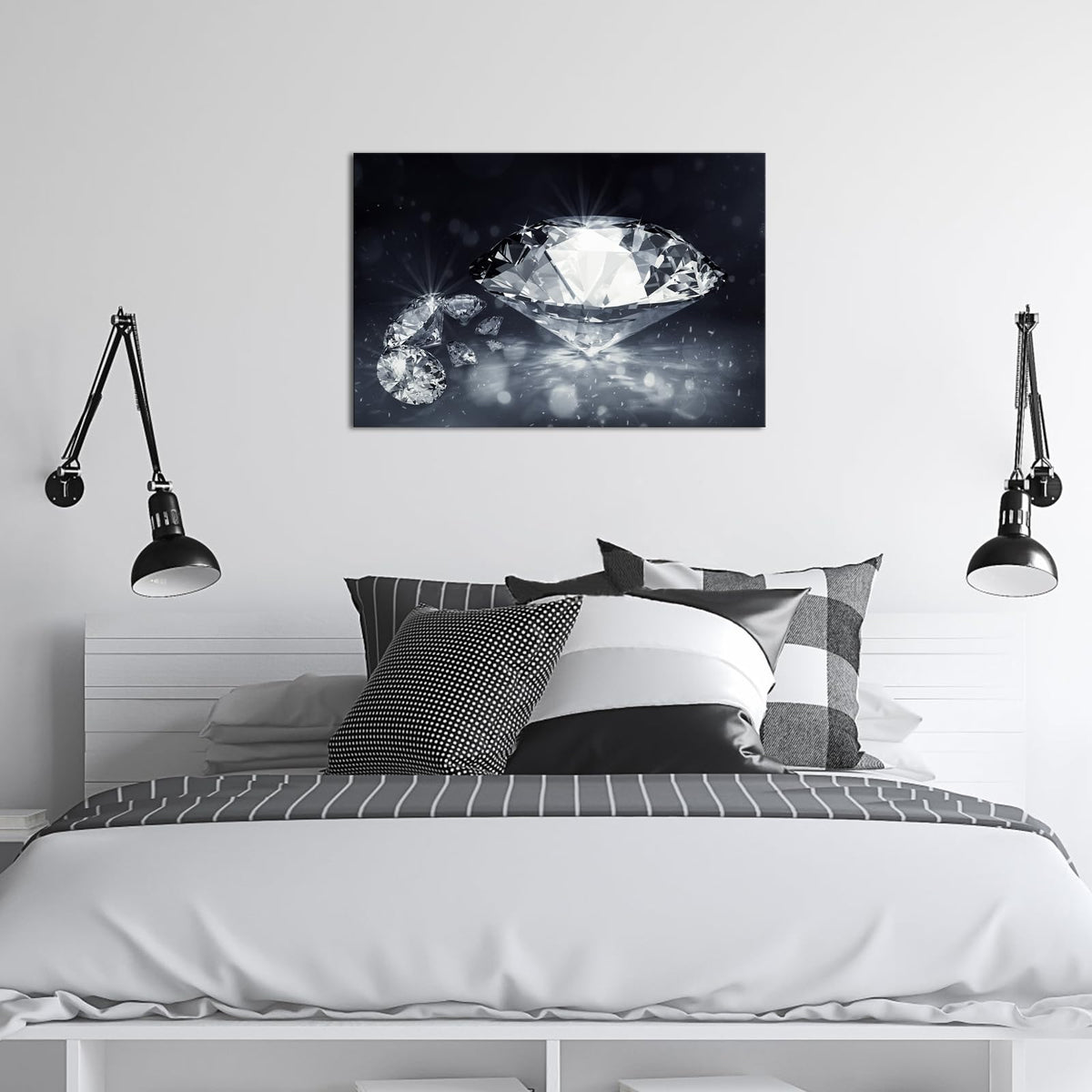 Biuteawal Diamond Wall Art Black White Canvas Print Shining Diamonds Painting Fashion Picture Modern Artwork Home Decor for Living Room Bedroom Bathroom Framed Ready to Hang
