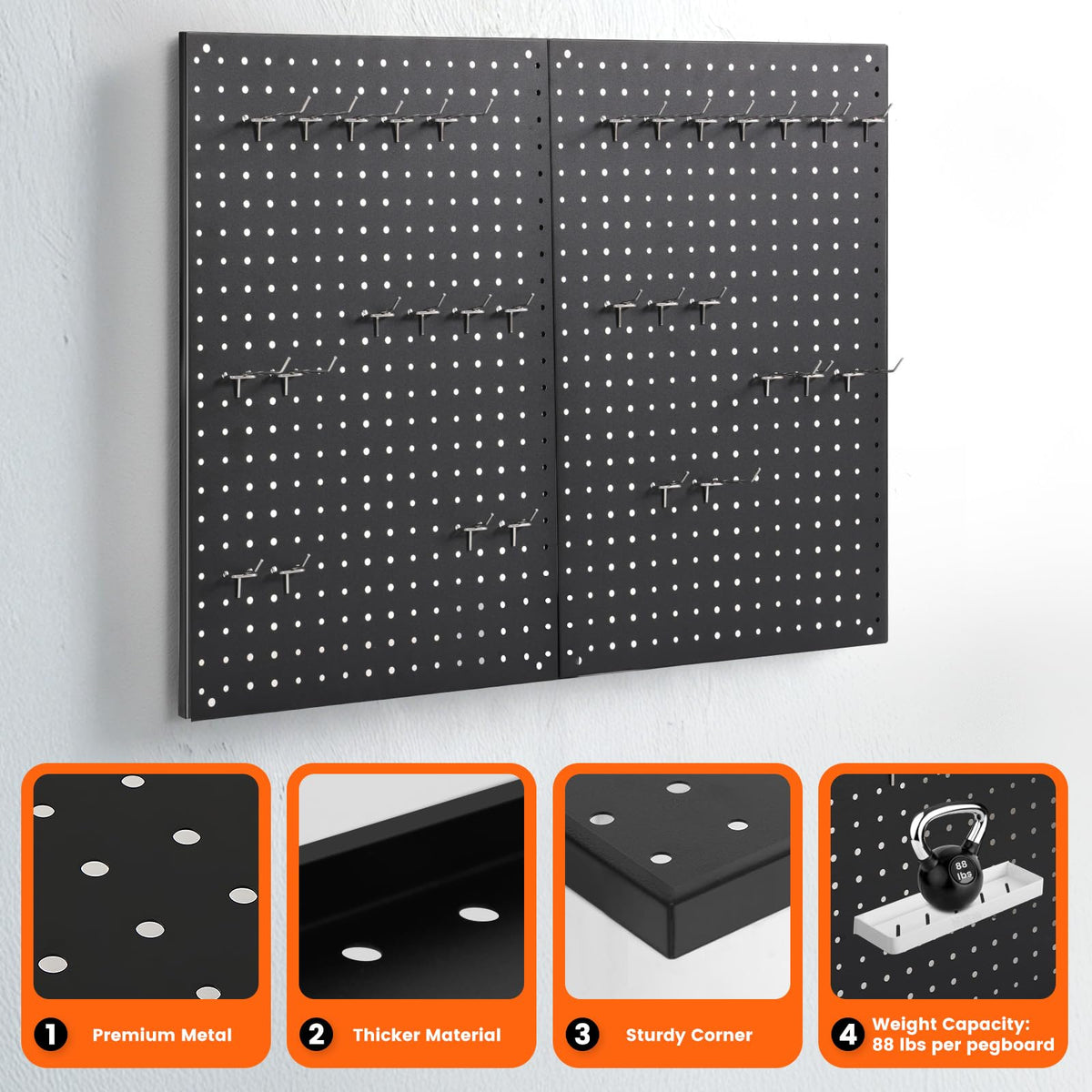 ENJOYWOOD Pegboard, 2 PCS 24"×16" Metal Peg Board Panels Black Modular Wall Organizer Kit with 30 Hooks, Dual-Size Hole Design for Home Tool Storage, Garage Organization, Kitchen, Office, Craft Room