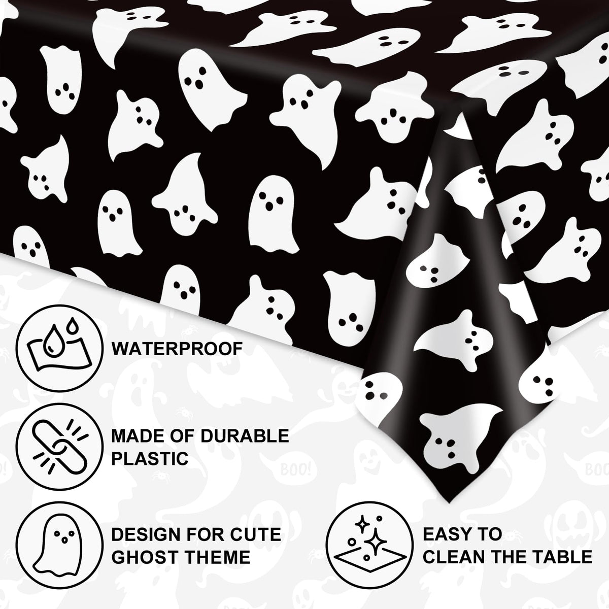 JarThenaAMCS 8 Pcs Halloween Plastic Tablecloths White Black Ghost Disposable Table Cover Spooky Rectangle Table Cloth for Trick or Treat Party Decor, 54 x 108 Inch