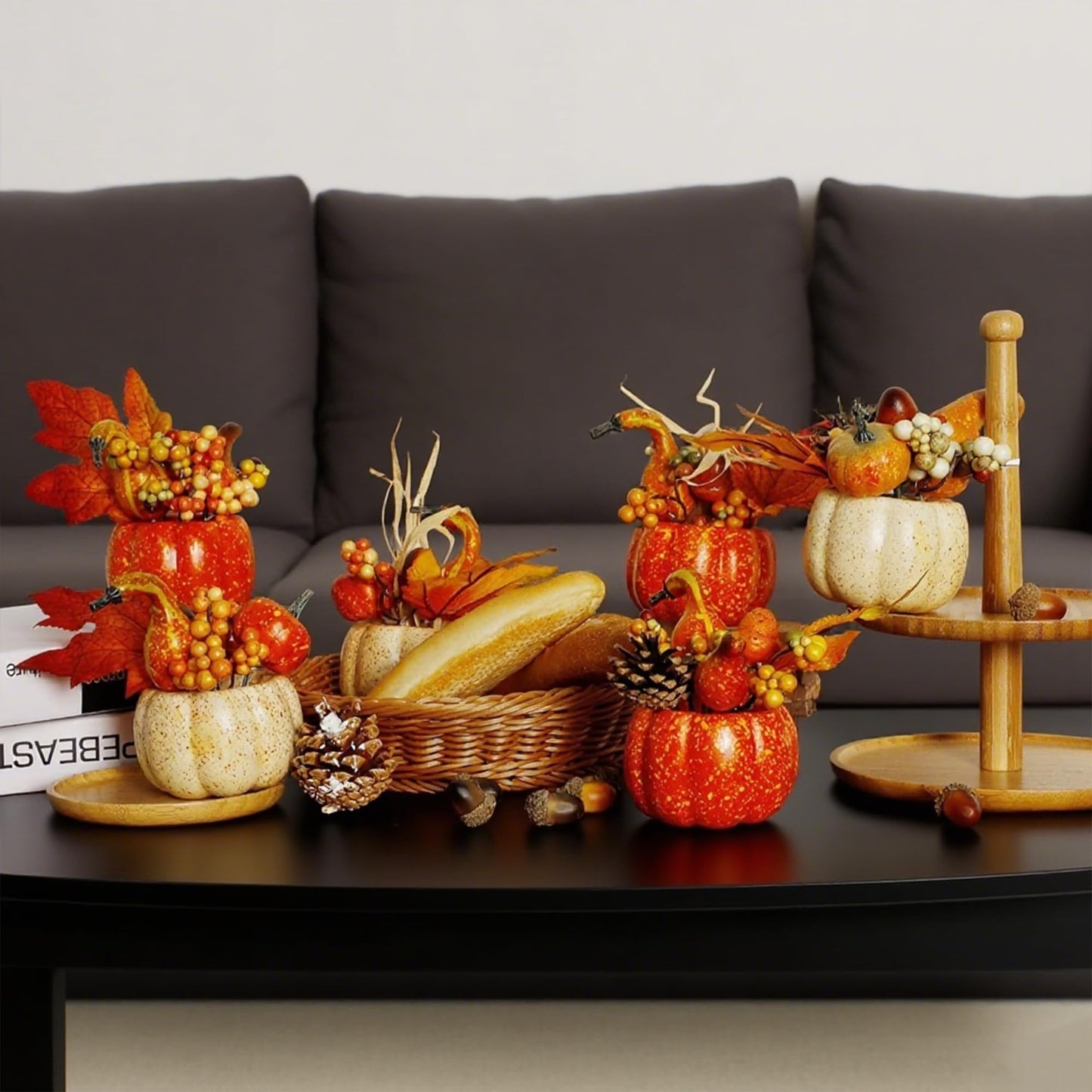 winemana Fall Decorations for Home - Set of 6 Artificial Pumpkin, Berry & Pine Cone Table Centerpiece for Office, Thanksgiving, Bathroom Kitchen Autumn Decor