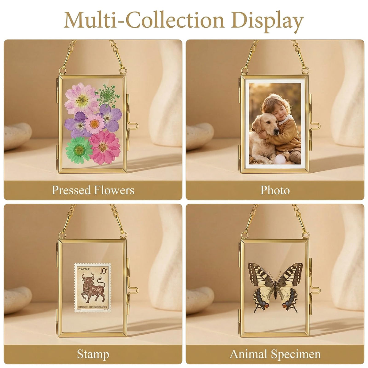 JUXYES 4 Pack Mini Brass Floating Frames Ornaments With Hanging Chain - Double Glass Tiny Picture Display Frame - Gold Wallet Size Floater Style Gallery Wall Frame for Pressed Flowers, Vertical