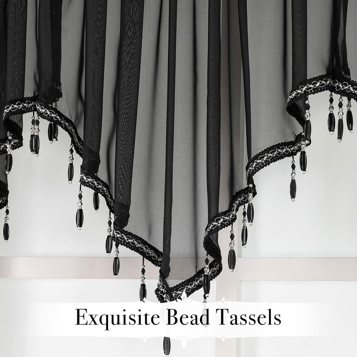 WUBODTI Halloween Black Beaded Sheer Valance Curtains for Windows 3Pcs, Gothic Farmhouse Window Valance Beads Tassel Semi Sheer Curtain Valances for Bedroom Bathroom Kitchen, 51 x 24 Inch Length