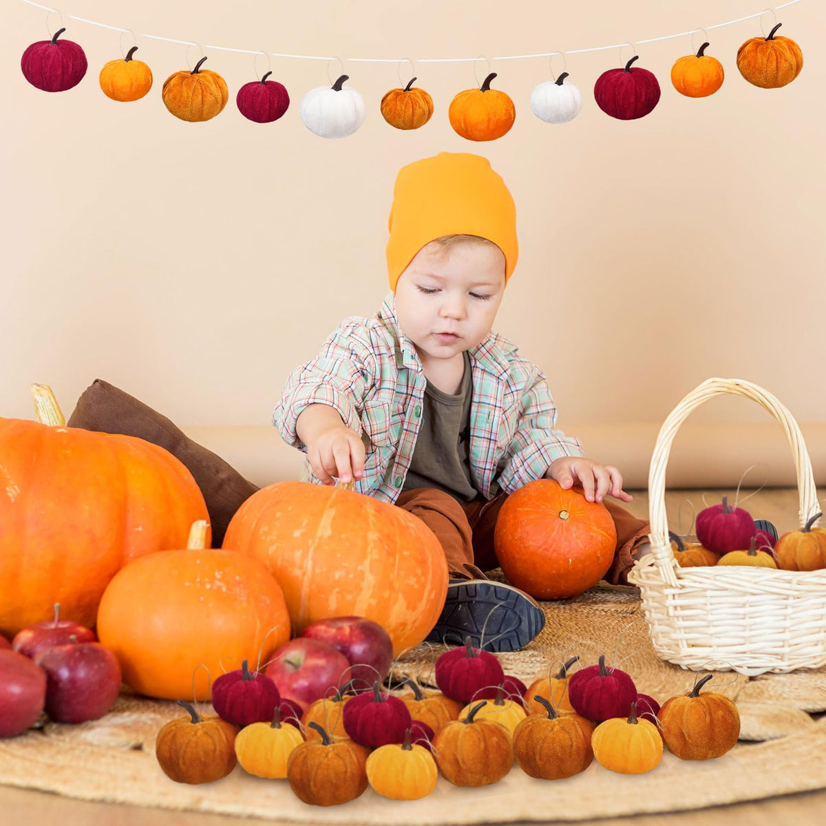Sotiff 24 Pcs Fall Mini Tree Ornaments Pumpkin Hanging Ornaments Glitter Foam Ball Fabric Wrapped Small Fake Pumpkins Mini Ball for Autumn Home Thanksgiving Christmas Decors (Rustic)