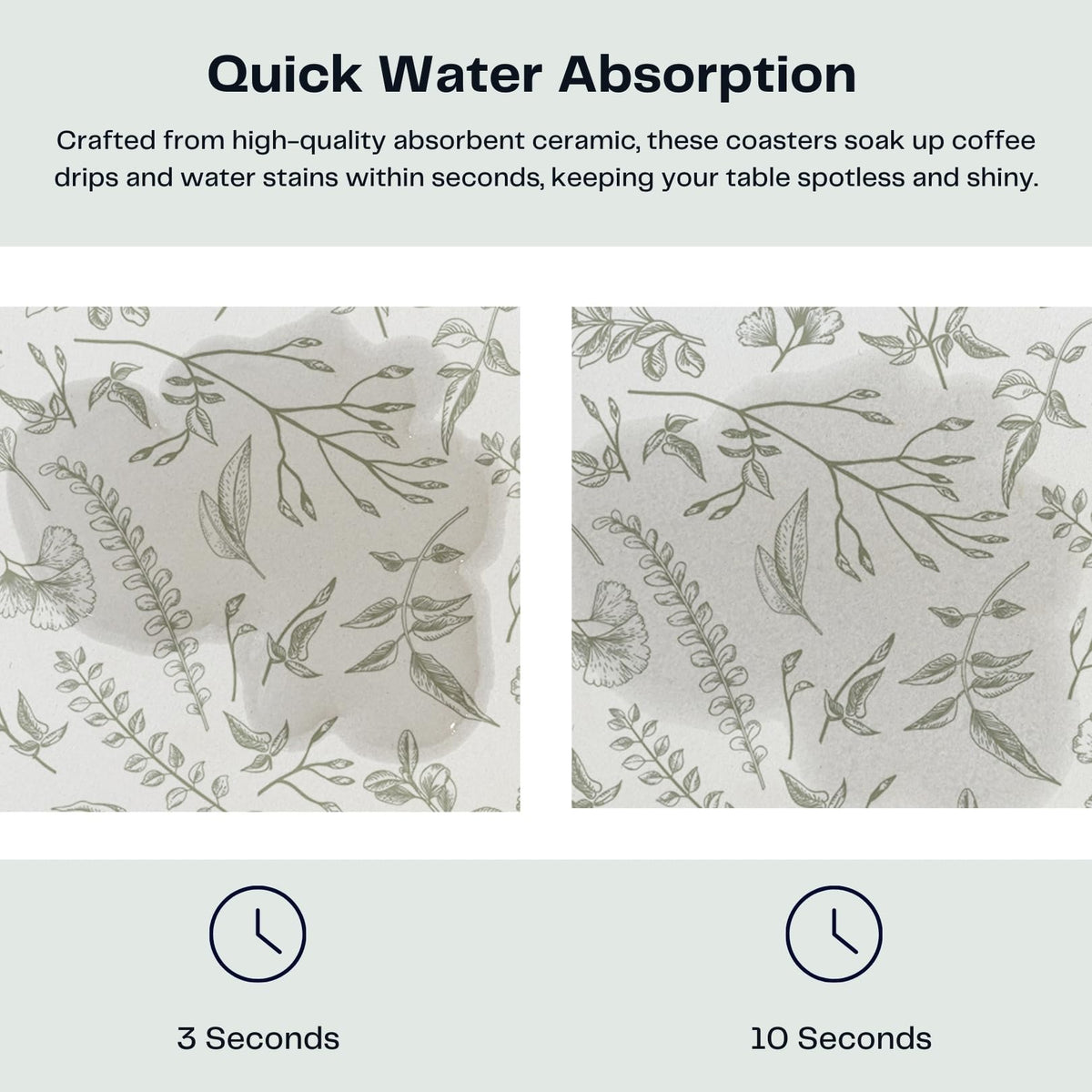 Hoomey Set of 6 Floral Sage and White Coasters with Holder, Absorbent Ceramic Drink Coasters with Cork Backing for Table Protection, Coffee Table Décor