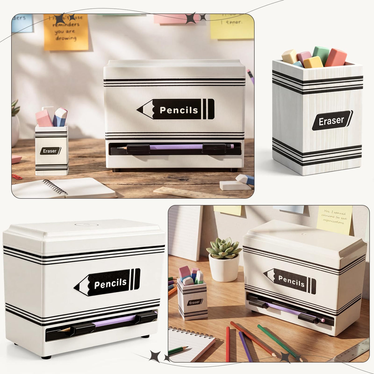 Gueevin 2pcs Pencil Dispenser for Classroom, Fun Desk Organizer with Eraser Holder, Interactive Pencil Storage for Teachers, Students & Homeschool Desk Organizer, Back to School Supplies(White)