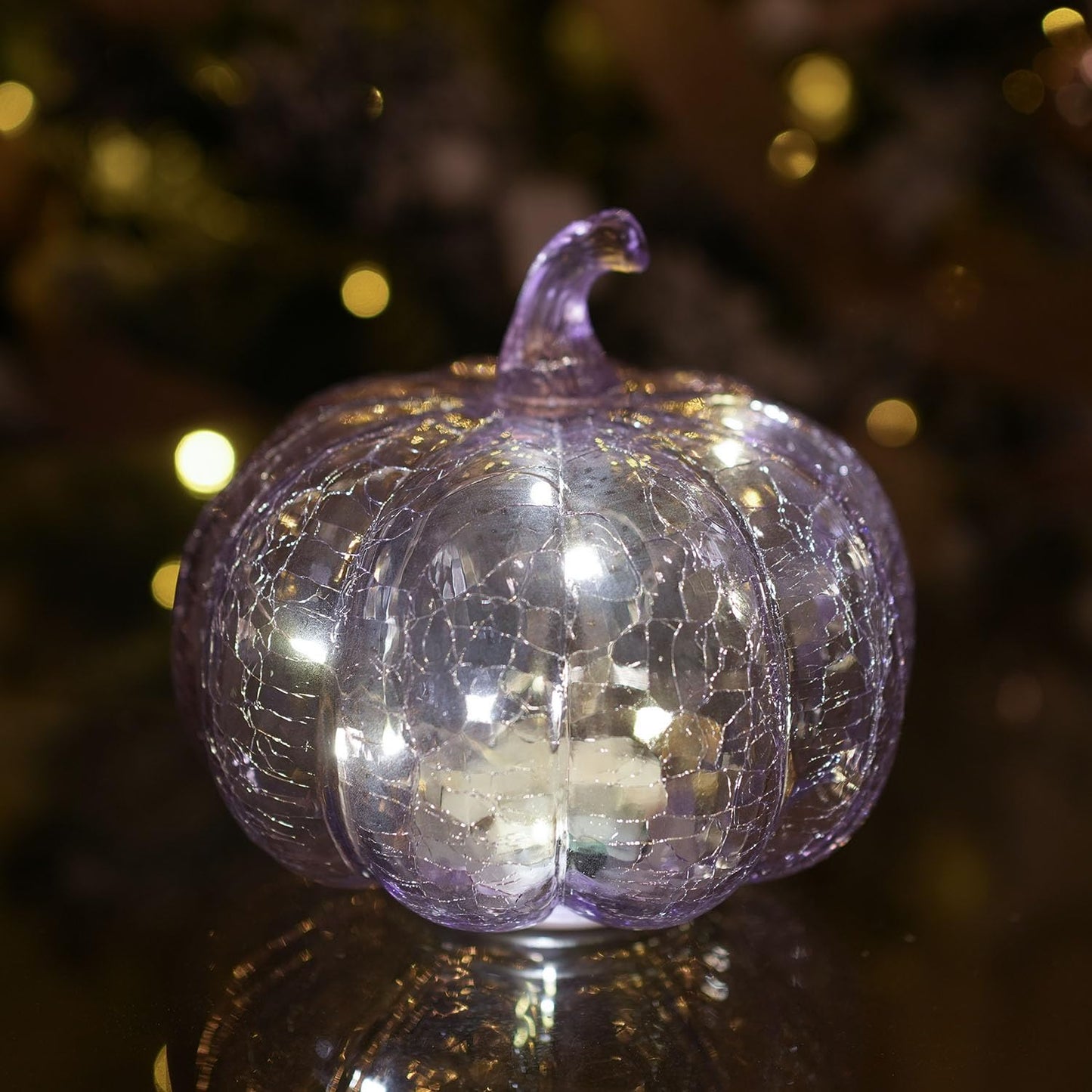hvfun Handcrafted Lavender Crackle Glass Pumpkin Light, LED Battery Operated Table Décor with 6H Timer, Twinkle & Steady Modes, Elegant Fall & Holiday Decoration