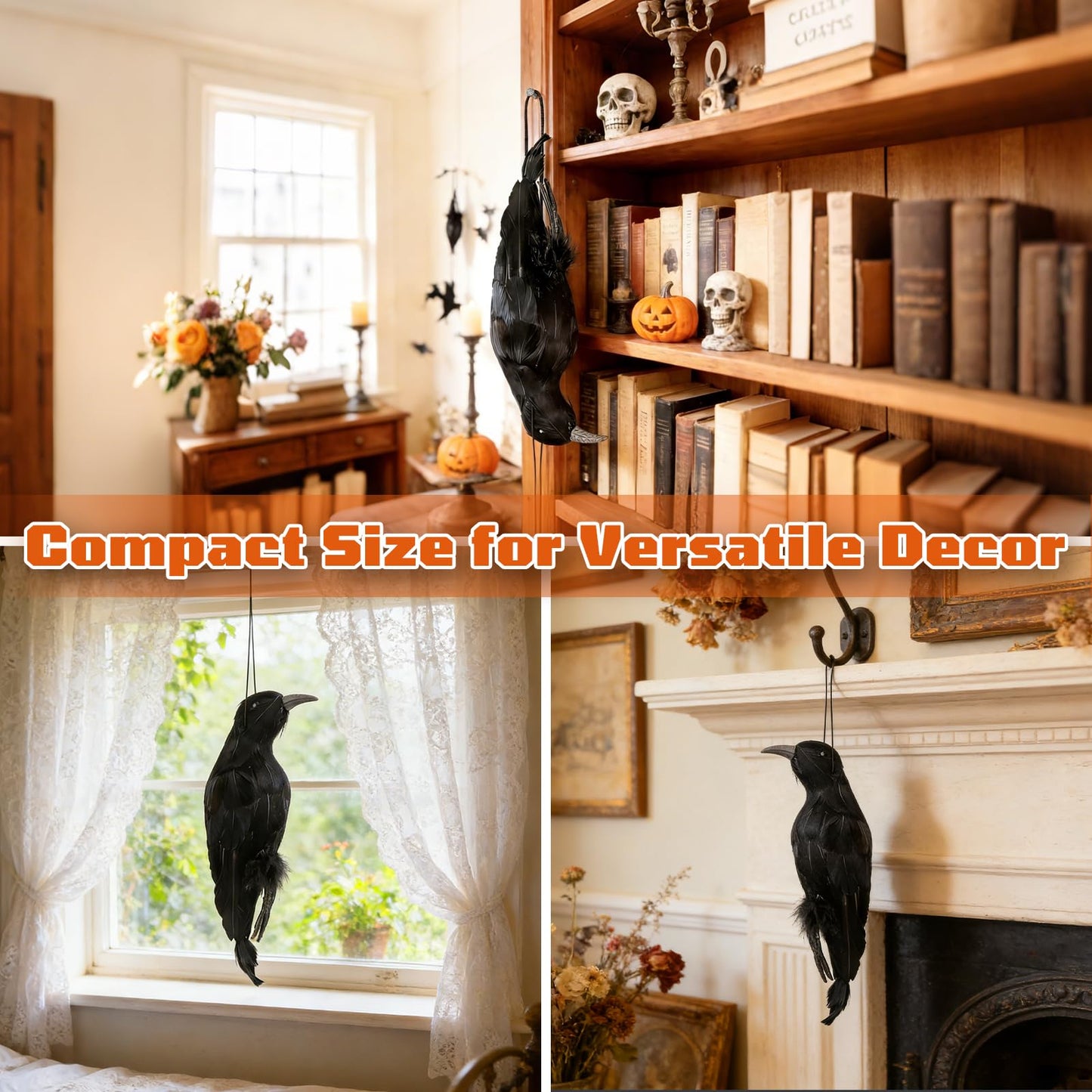 CYTGOUPER Realistic Hanging Dead Crow Decoys,12 Inch Large Lifesize Fake Crow Hunting Bait,Black Feathered Crows Decoy Figuring for Garden Halloween Decor Birds Party Props