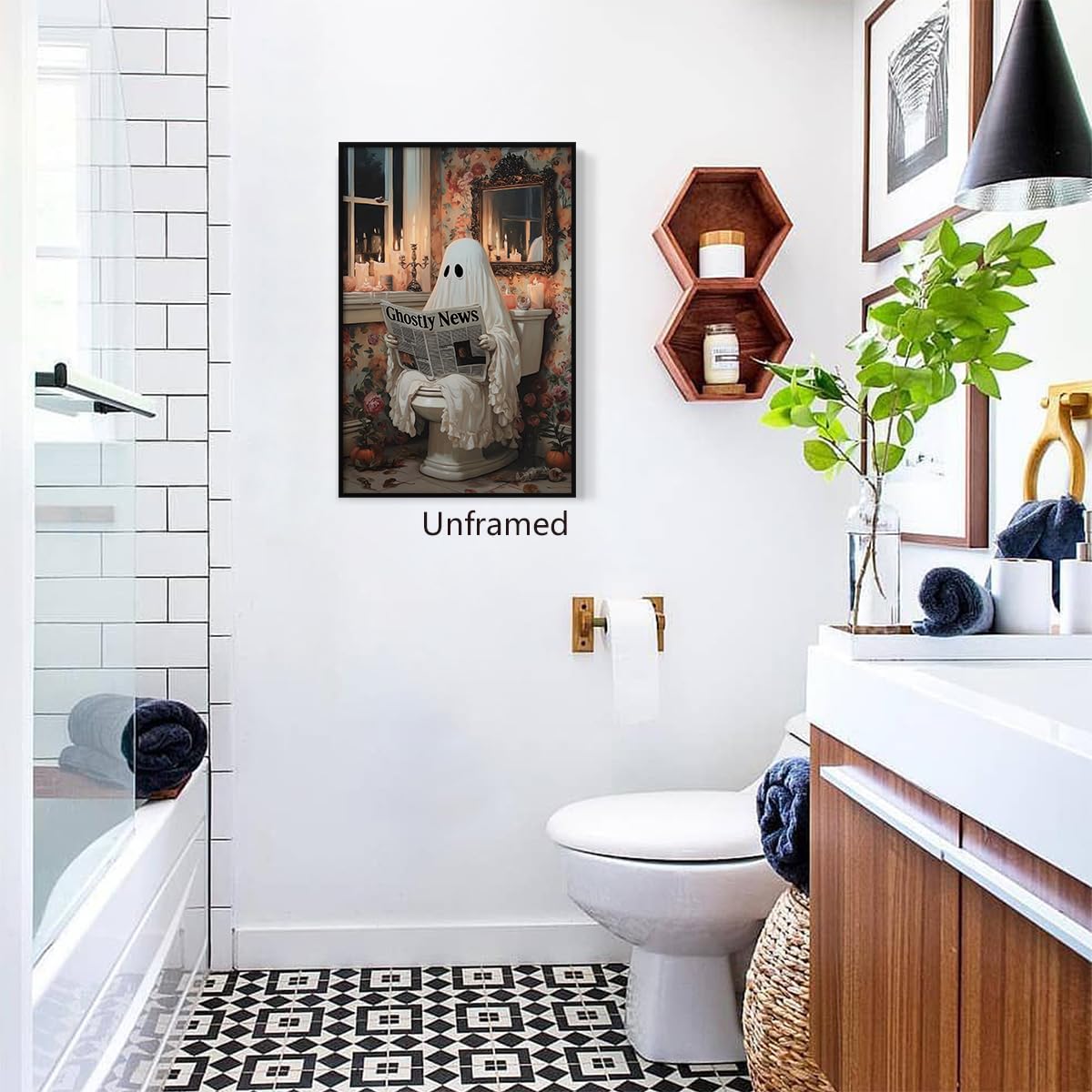 Venphude Ghost Bathroom Canvas Wall Art, Cute Ghost Reading Ghostly News on Toilet Poster, Pink Flowers Romantic Dark Academia Halloween Print, Gothic Spooky Wall Decor for Restroom 12x16in Unframed