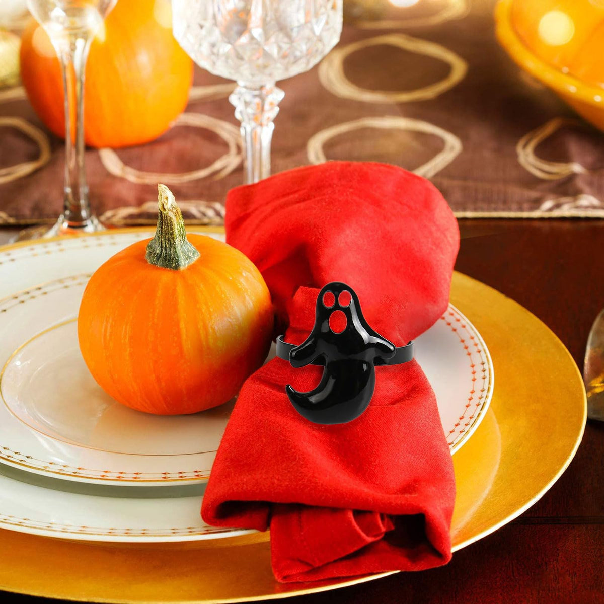 Getfitsoo Halloween Napkin Rings Set of 12, Ghost Boo Halloween Black Napkin Holders Metal Buckles for Halloween Party Decorations Home Kitchen Dinner Table Setting
