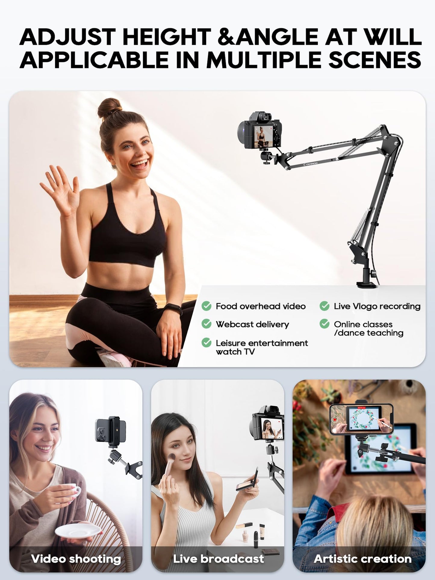 Overhead Camera Mount, Desk Camera Mount with Articulating Arm, 5lb Load Capacity, 360° Adjustable Stand for Phone/DSLR/Webcam, C-Clamp Tabletop Mount for Video Recording, YouTube, Live Streaming