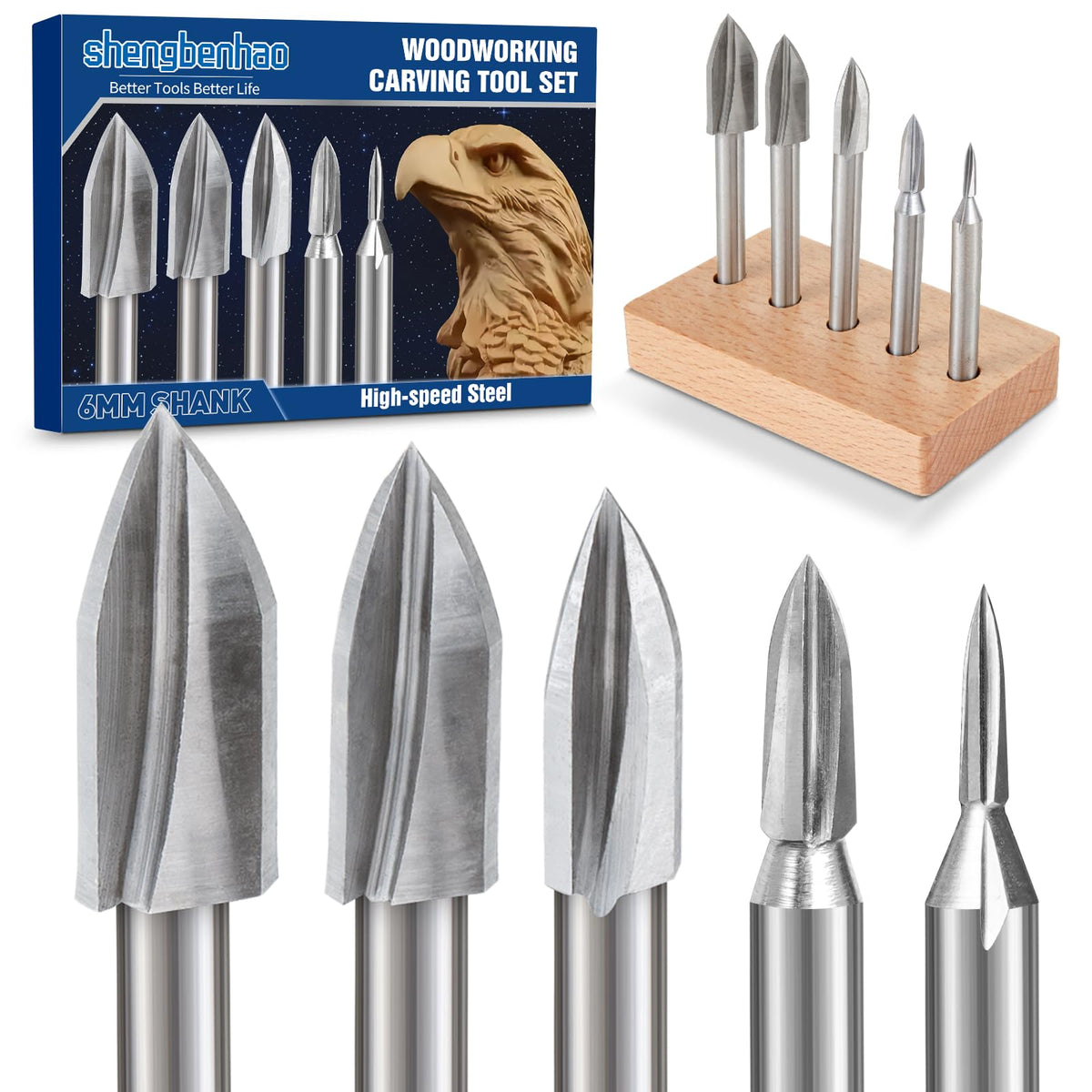 1/4” Shank Wood Carving Drill Bits Set with Wooden Base 5Pcs Woodworking Engraving Drill Bits Rotary Tool Accessories for DIY Crafts Carving Engraving Grinding Drilling Micro Sculpture