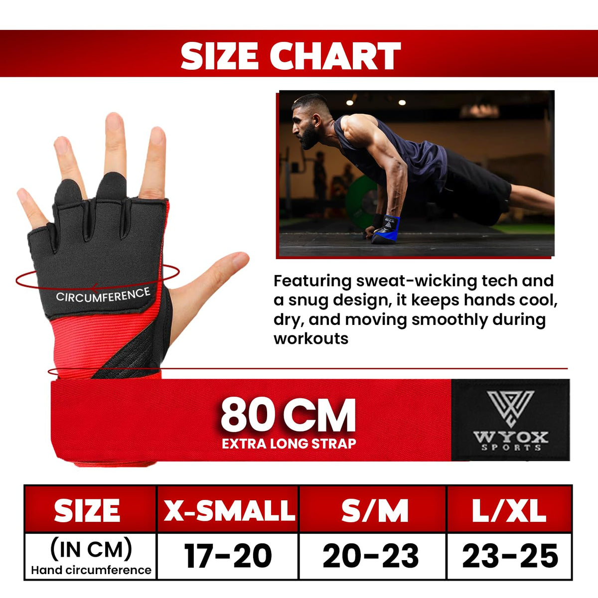 WYOX Gel Boxing Hand Wraps Inner Gloves for Men & Women, 80cm Quick Wrist Straps, Padded Knuckle Protection for Muay Thai Kickboxing, Hand Wraps for Boxing & Martial Arts (Red, L/XL)