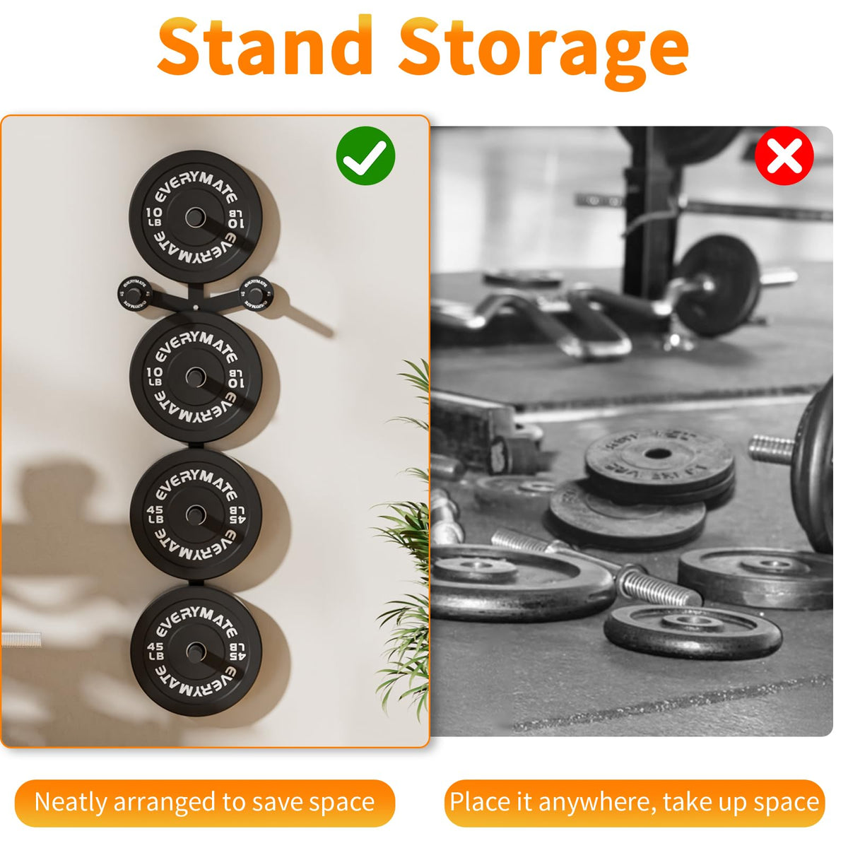 EVERYMATE Weight Plate Storage Rack, Wall Mounted Weight Plate Holder, Bumper Plate Storage for Home Gym, Heavy Weight Plates Holder Fit 2"Plates (6peg)