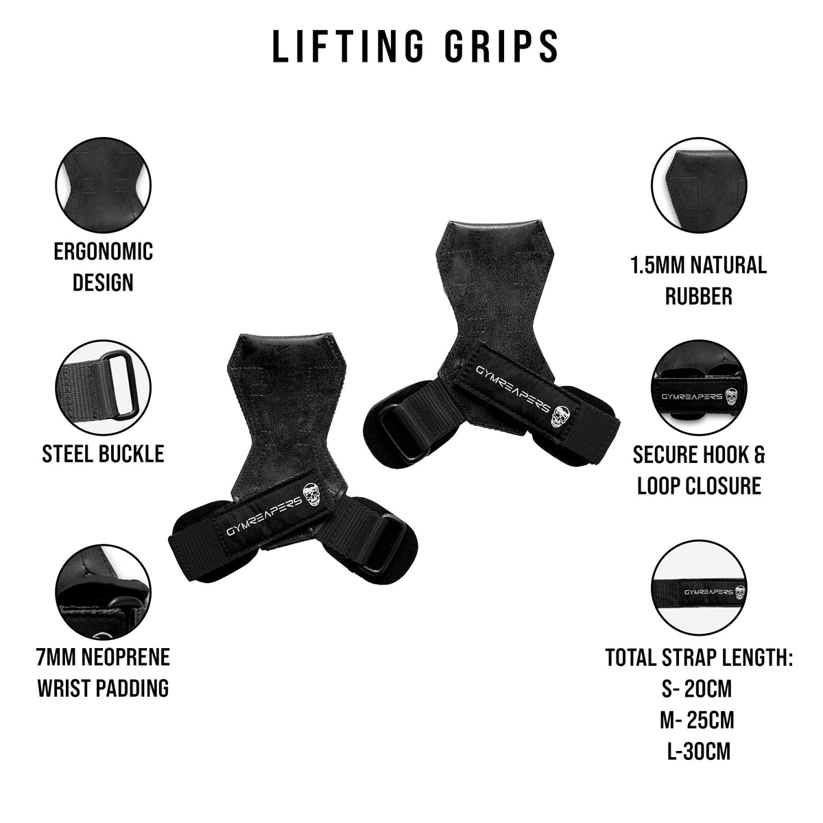 Gymreapers Weight Lifting Grips (Pair) for Heavy Powerlifting, Deadlifts, Rows, Pull Ups, with Neoprene Padded Wrist Wraps Support and Strong Rubber Gloves or Straps for Bodybuilding (Black, Small)