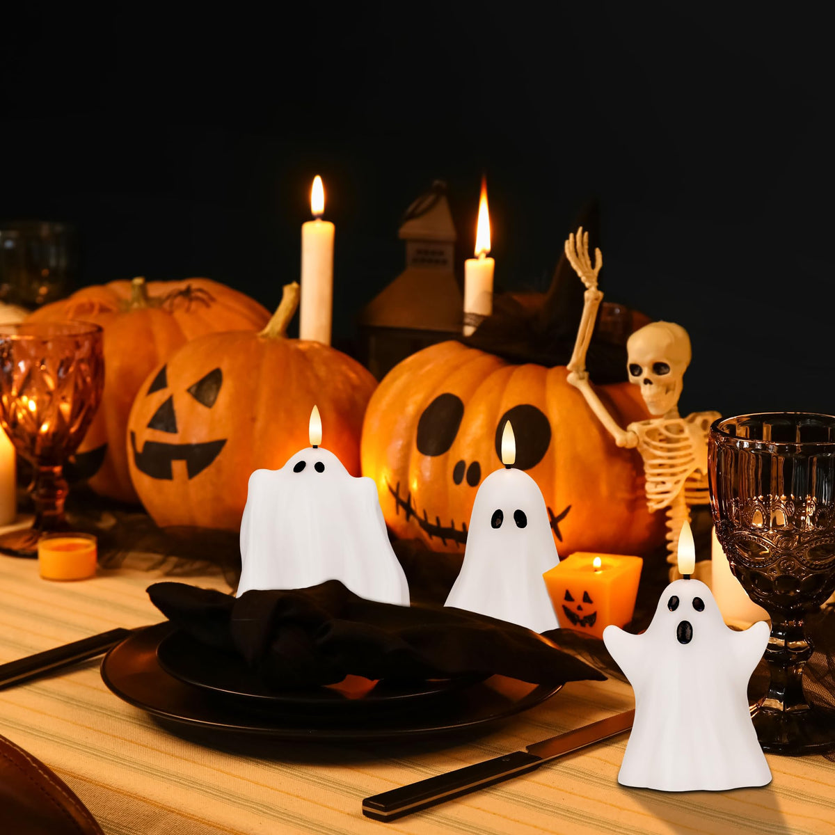 AFINETH Halloween Flameless Candles with Remote, Real Wax Ghost LED Candles, Flickering Battery Operated Fake Candle, Halloween Decorations for Table,Fireplace, Home, Party, Festival Decor (Set of 3)