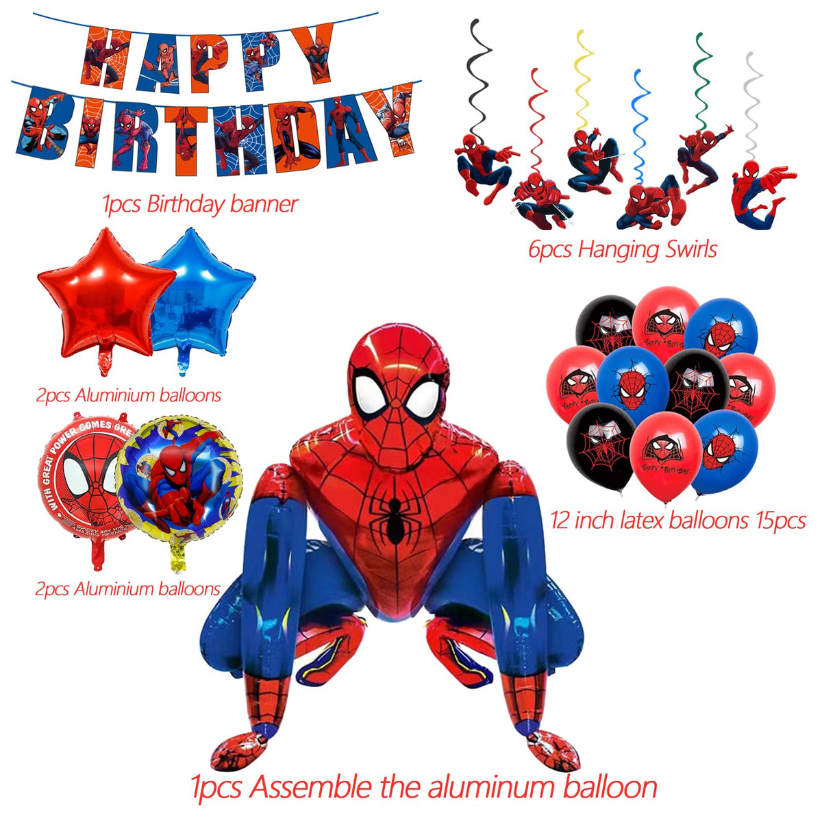 Cartoon spidey - themed birthday party supplies: "Happy Birthday" banner, 12inch latex balloons , 2 types of aluminium balloons hanging swirls,assemble the aluminum balloon