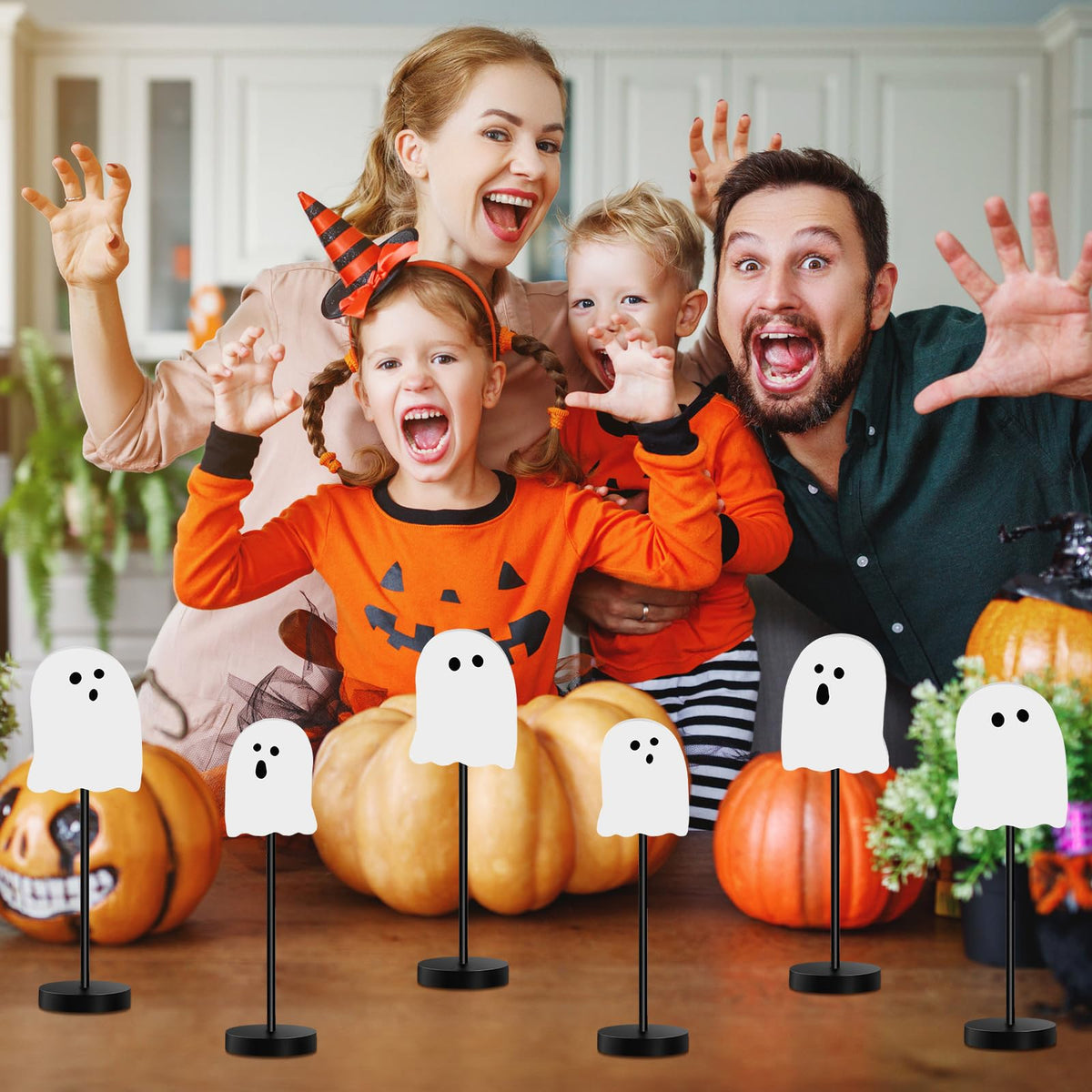 Briwooody 6 Pcs Halloween Table Decorations Cute Ghost Wooden Signs Halloween Tiered Tray Decor White Ghost Spooky Table Centerpiece Tall Block Sign for Party Home Mantel Shelf Room Decor