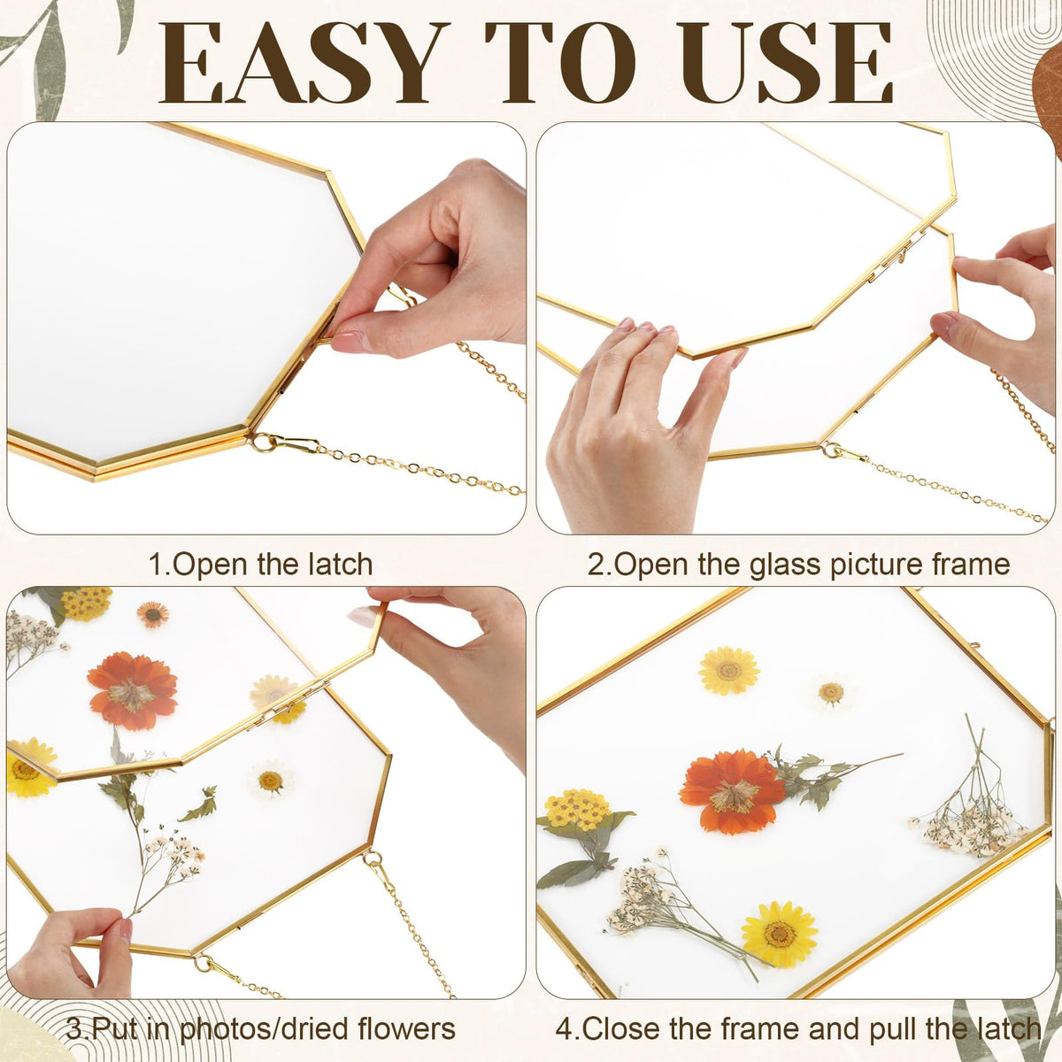 Vicenpal 5 Pcs 8 x 10 Inches Glass Pressed Flower Frame, Hanging Floating Picture Frame for Tabletop Artwork Dried Flower Display with Metal Chain for Mom Friends Wedding Gift DIY Craft(Coppery)
