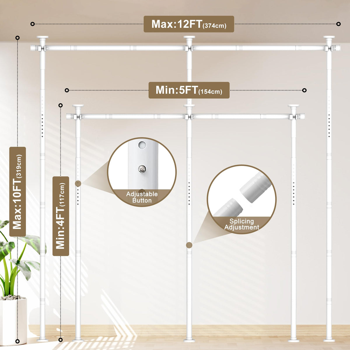 Room Divider Curtain Rod, No Drilling Tension Rod for Room Separation, Adjustable 4-10ft(H) 30-147"(W) Heavy Duty Floor to Ceiling Wall Divider Space Partition Privacy Separator, White
