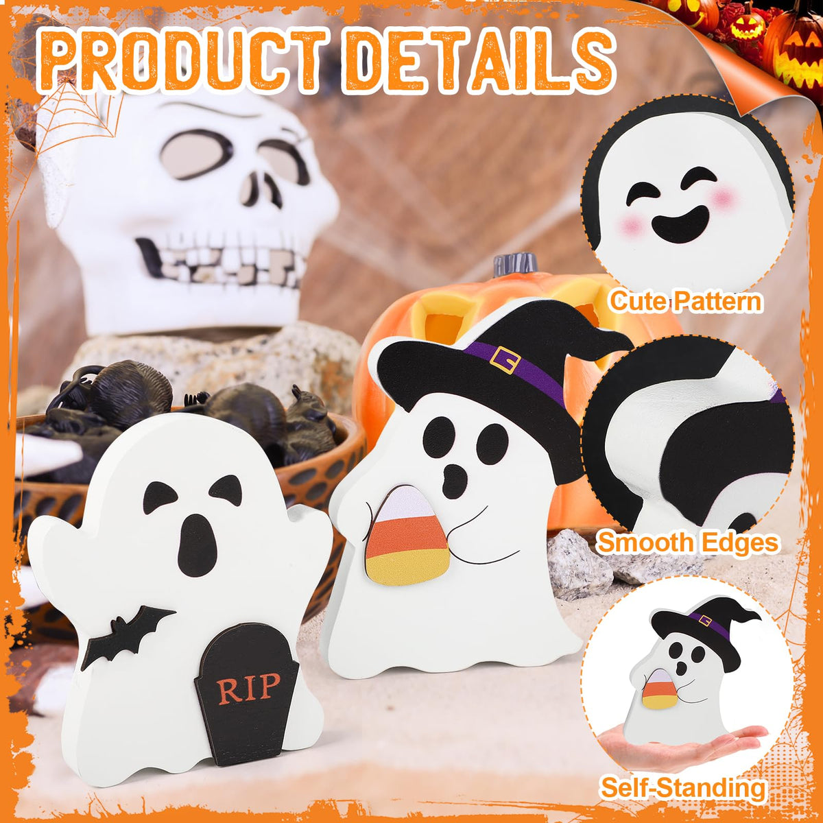 COCHIE Cute Ghost Halloween Decorations Indoor, Wooden Tiered Tray Decor Table Sign Set of 3, Black Cat Bat Witch Broom Signs Pumpkin Blocks for Party Home Shelf Display (B-Ghost)