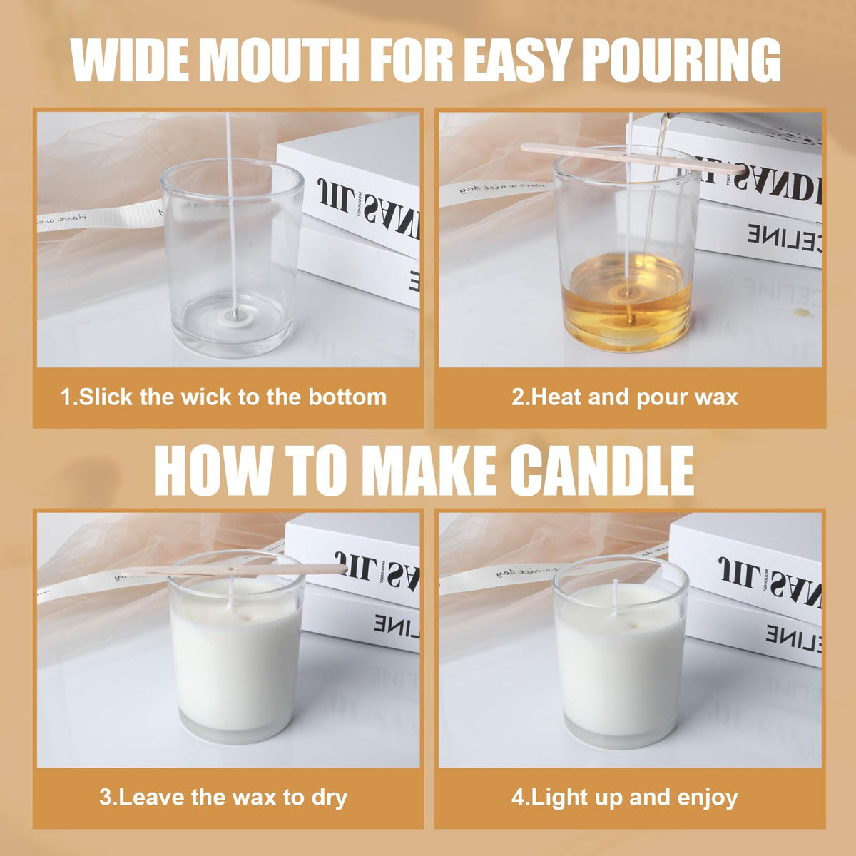 YJHSS 10oz Glass Candle Jars, 12-Pack Candles Jars for Making Candles, Empty Thick Glass Wide-Mouth Jars with Bamboo Lids & Wick Kits, Candle Containers Bulk - Clear