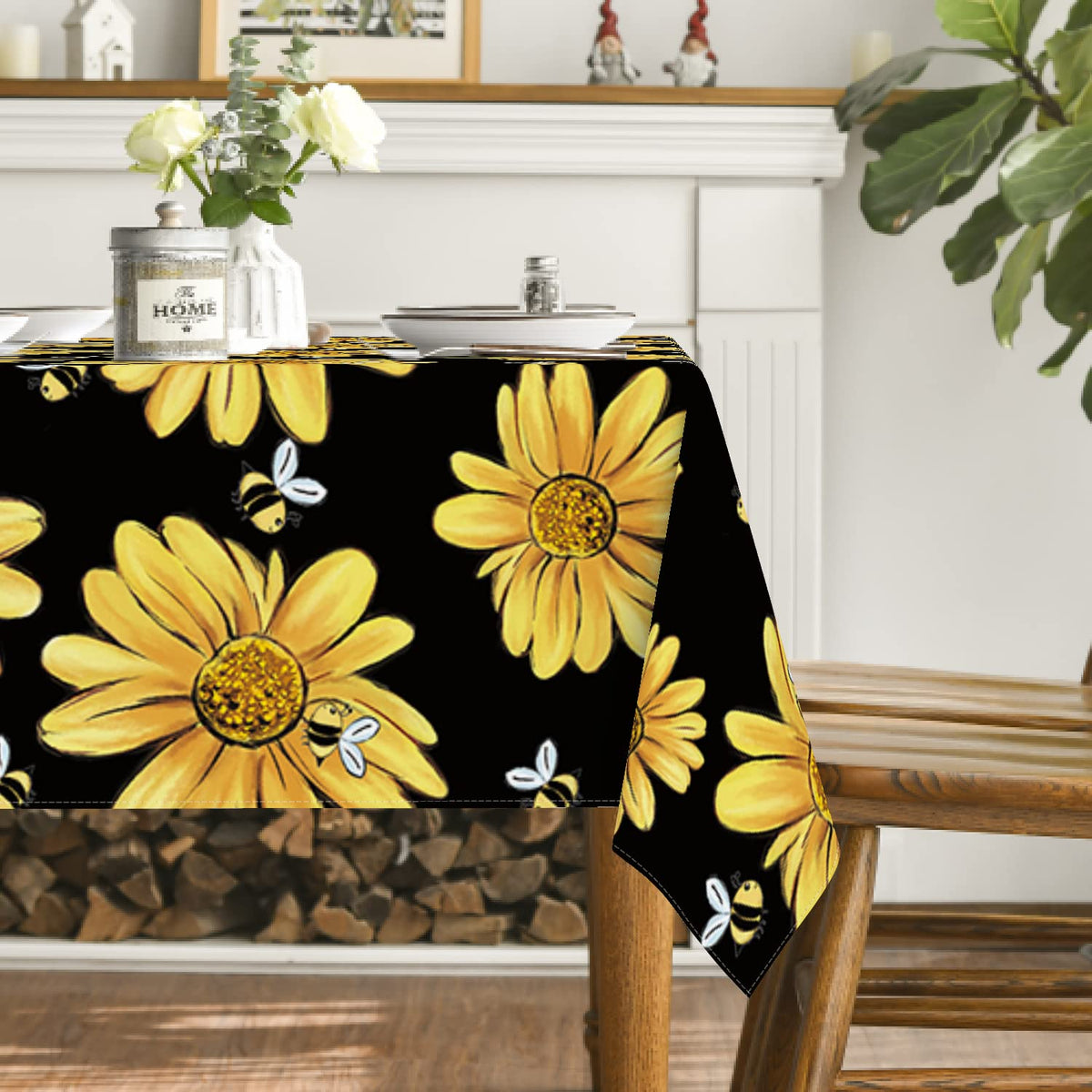 Horaldaily Summer Tablecloth 60×84 Inch Rectangular, Yellow Sunflower Bumble Bee Black Fall Washable Table Cover for Party Picnic Dinner Decor