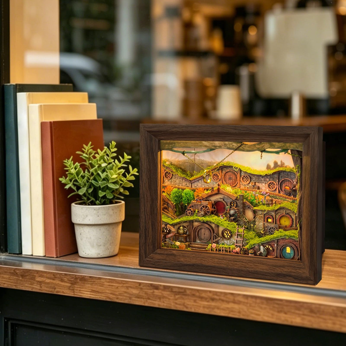 LORENOOK The Magic Ring Hamlet DIY Miniature House Shadow Box Kit – 3D Wooden Puzzle with Lights & Dust Cover, Book Nook Kits for Adults, Creative Framed Bookshelf Decor & Gift