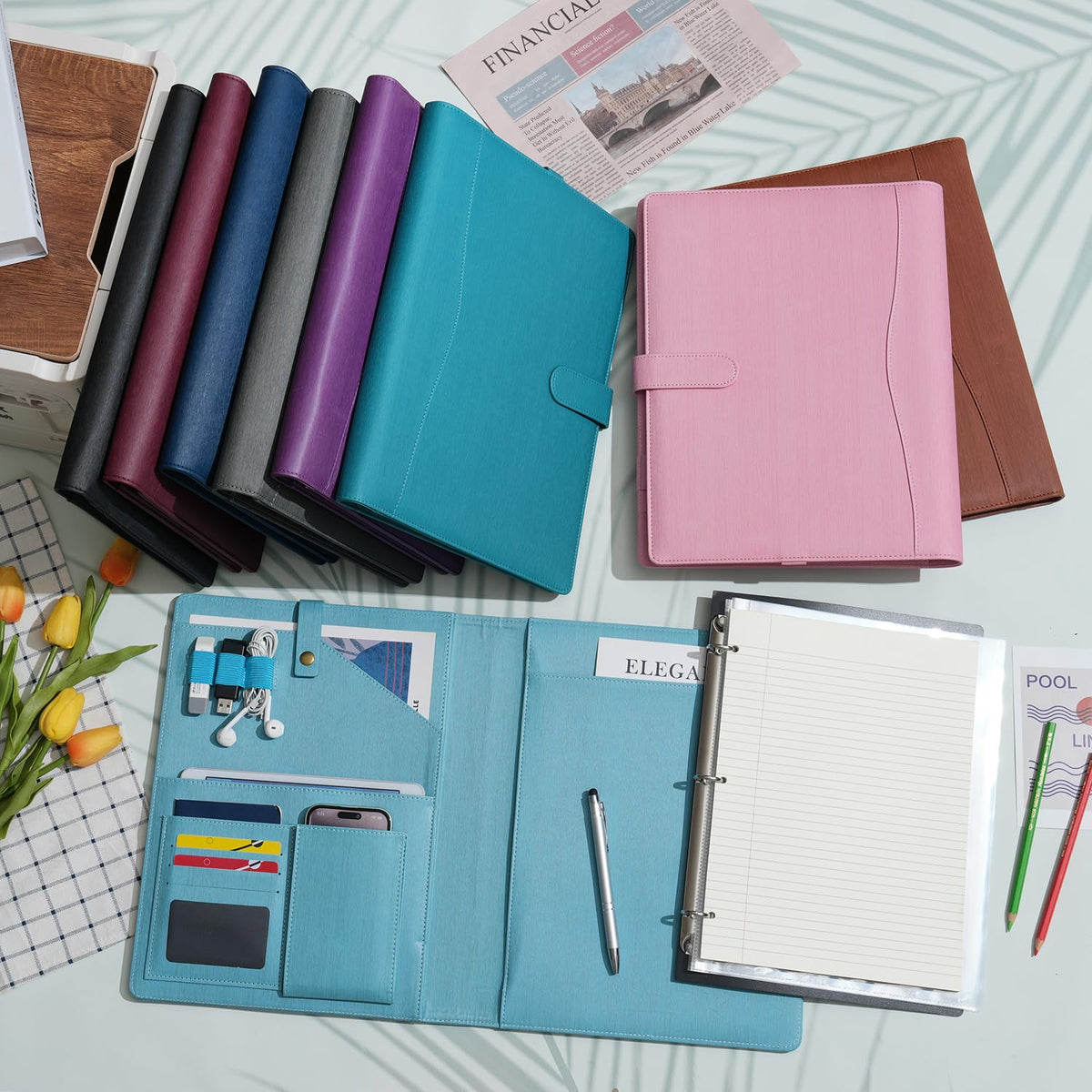 Wonderpool A4 PU Leather Portfolio Holder Ring File Document Case with Removable Binder Clipboard, Multi Pocket and Legal Pad for Business Organizer Interview and Meeting (Pink)
