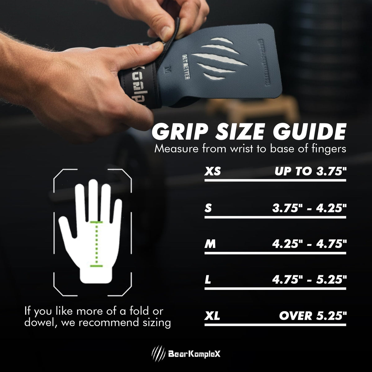 Bear KompleX - Premium Hand Grips for Fitness & Gymnastics, No-Slip Pull Up Grips for Weight Lifting, Strength Training, and Bar Work, Palm Protection with Padded Wrists, Carbon No-Hole Design - Large