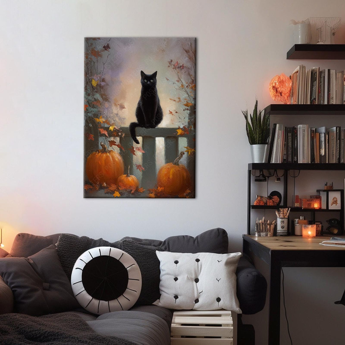 Halloween Pumpkin Canvas Wall Art,Funny Black Cat Poster Print,Pet Lovers Wall Decor For Home Bedroom Living Room 12X18 in Unframed